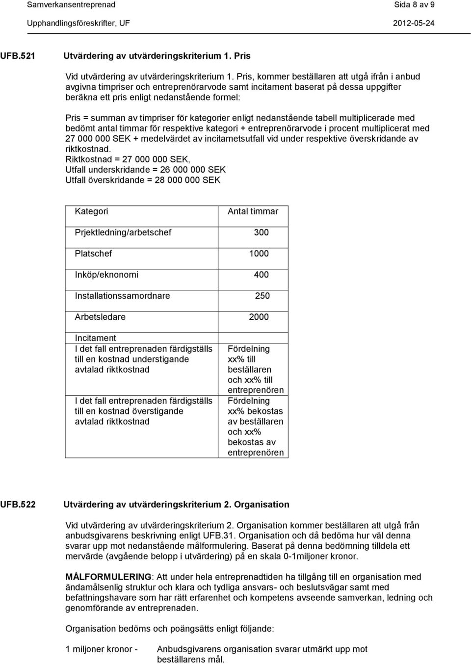 timpriser för kategorier enligt nedanstående tabell multiplicerade med bedömt antal timmar för respektive kategori + entreprenörarvode i procent multiplicerat med 27 000 000 SEK + medelvärdet av