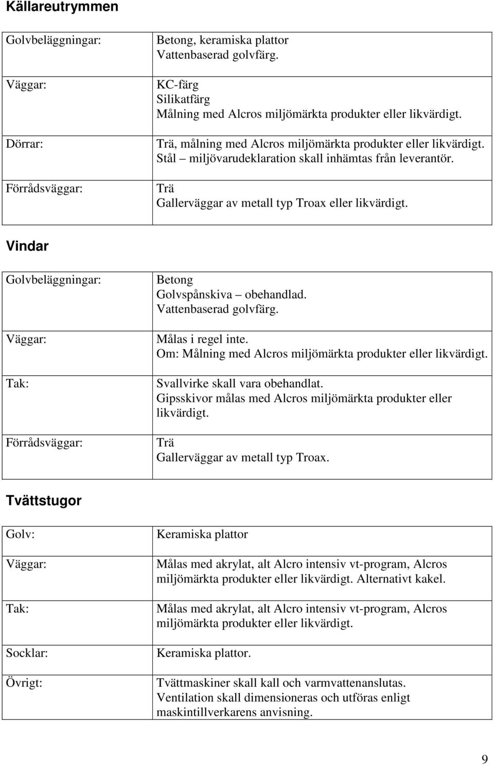 Vindar Golvbeläggningar: Förrådsväggar: Betong Golvspånskiva obehandlad. Vattenbaserad golvfärg. Målas i regel inte. Om: Målning med Alcros miljömärkta produkter eller likvärdigt.