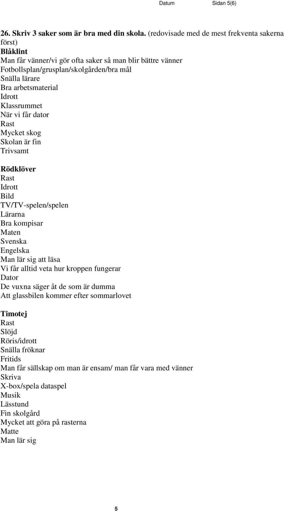 Idrott Klassrummet När vi får dator Rast Mycket skog Skolan är fin Trivsamt Rödklöver Rast Idrott Bild TV/TV-spelen/spelen Lärarna Bra kompisar Maten Svenska Engelska Man lär sig att läsa Vi