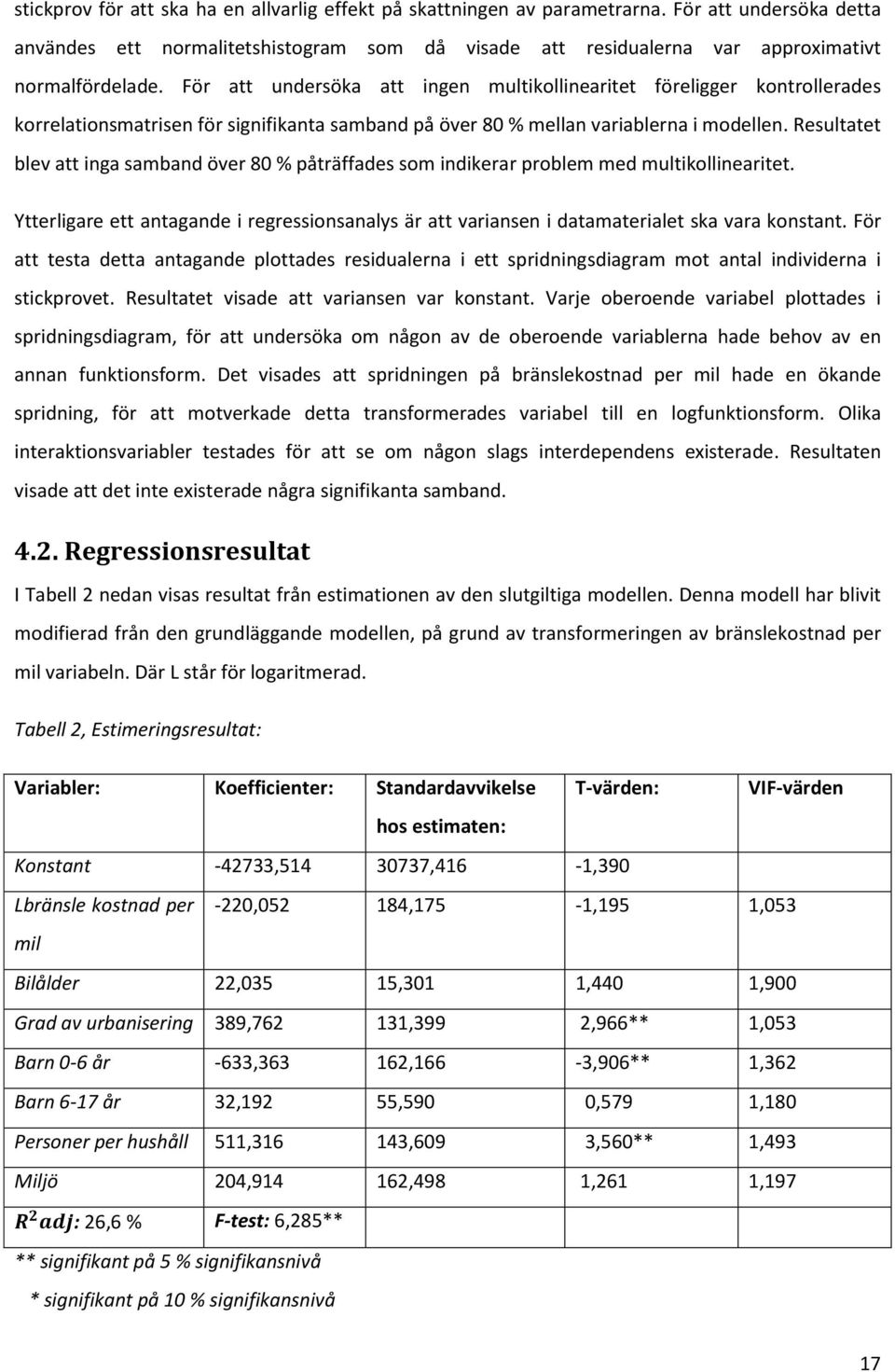 Resultatet blev att inga samband över 80 % påträffades som indikerar problem med multikollinearitet. Ytterligare ett antagande i regressionsanalys är att variansen i datamaterialet ska vara konstant.