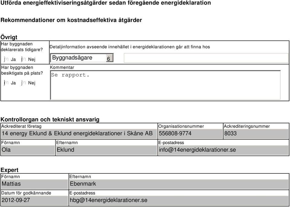 Kontrollorgan och tekniskt ansvarig Ackrediterat företag 14 energy Eklund & Eklund energideklarationer i Skåne AB Förnamn Ola Efternamn Eklund Organisationsnummer