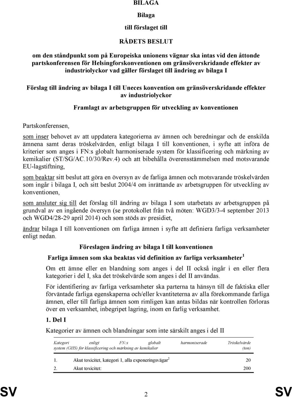 arbetsgruppen för utveckling av konventionen Partskonferensen, som inser behovet av att uppdatera kategorierna av ämnen och beredningar och de enskilda ämnena samt deras tröskelvärden, enligt bilaga