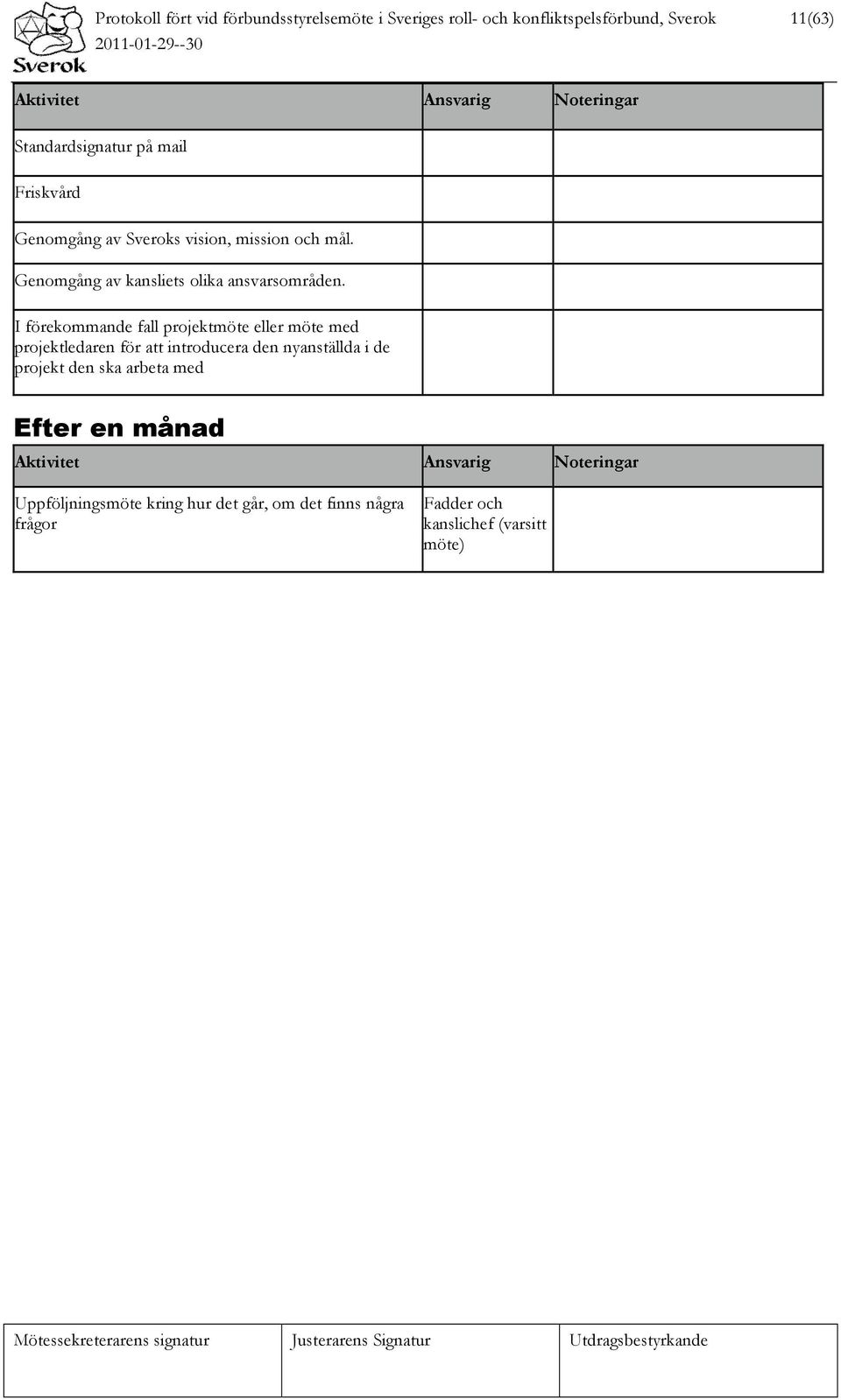 I förekommande fall projektmöte eller möte med projektledaren för att introducera den nyanställda i de projekt den ska arbeta med