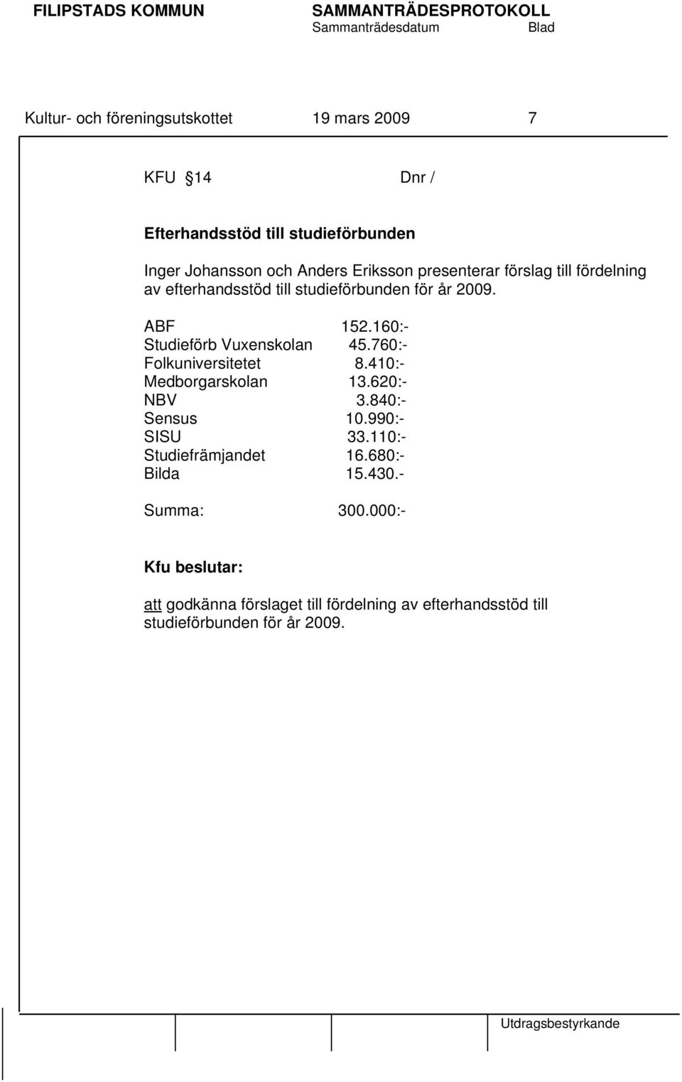 160:- Studieförb Vuxenskolan 45.760:- Folkuniversitetet 8.410:- Medborgarskolan 13.620:- NBV 3.840:- Sensus 10.990:- SISU 33.