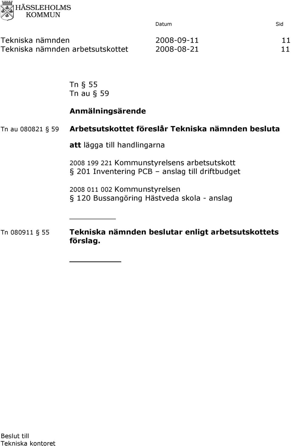 arbetsutskott 201 Inventering PCB anslag till driftbudget 2008 011 002 Kommunstyrelsen 120