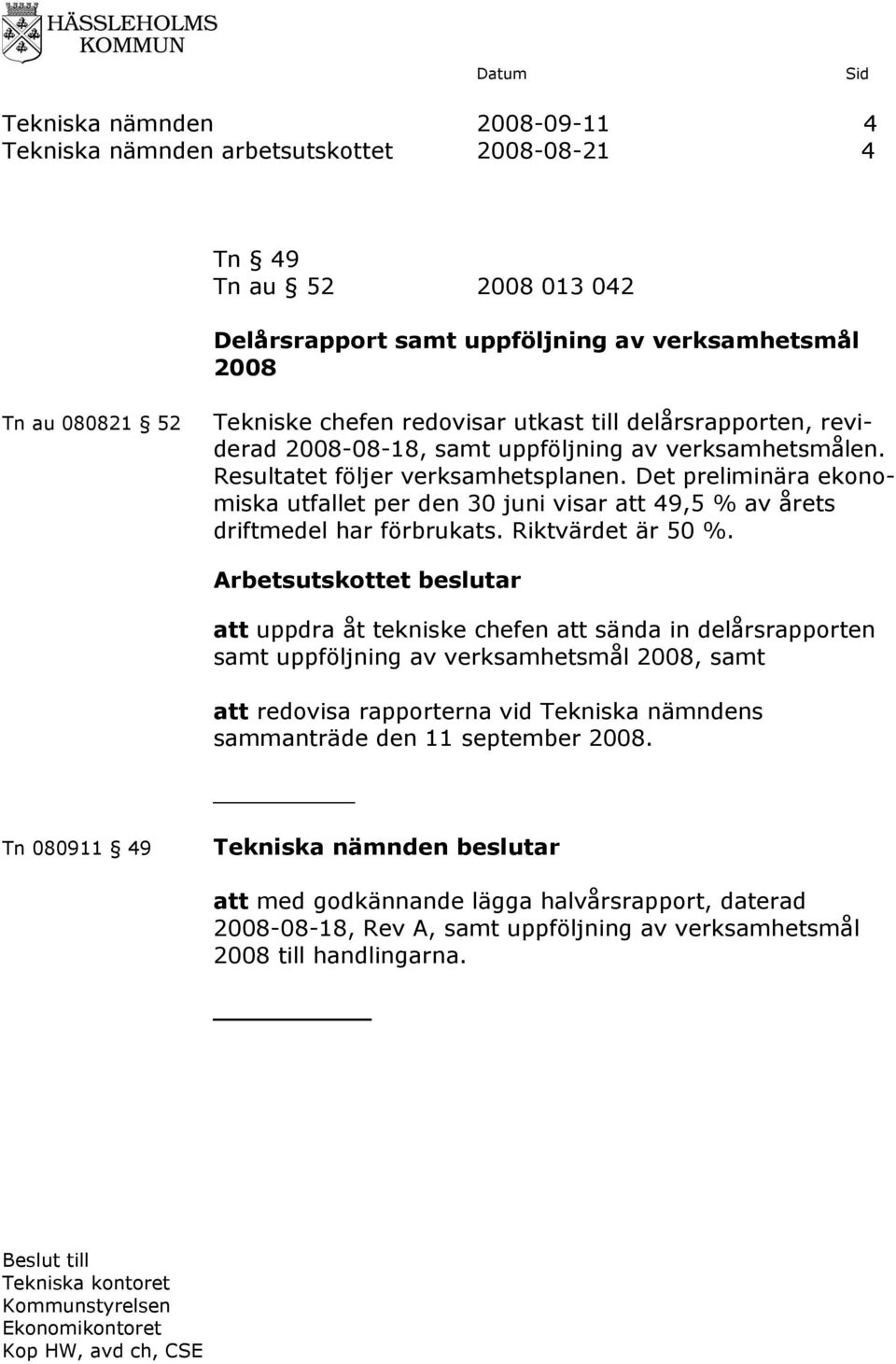 Det preliminära ekonomiska utfallet per den 30 juni visar att 49,5 % av årets driftmedel har förbrukats. Riktvärdet är 50 %.