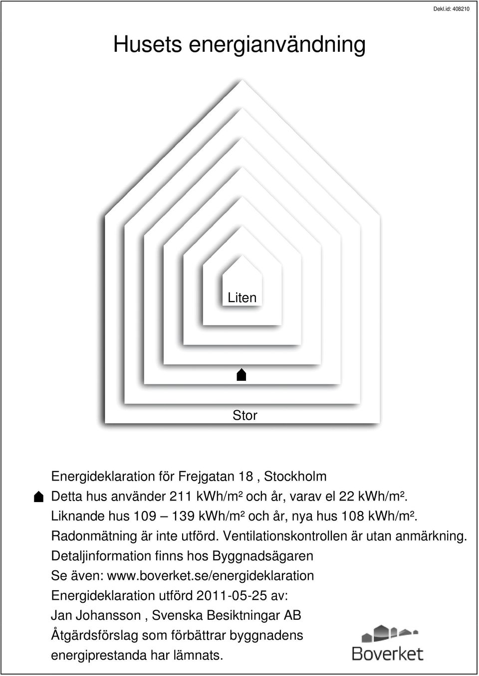 Ventilationskontrollen är utan anmärkning. Detaljinformation finns hos Byggnadsägaren Se även: www.boverket.