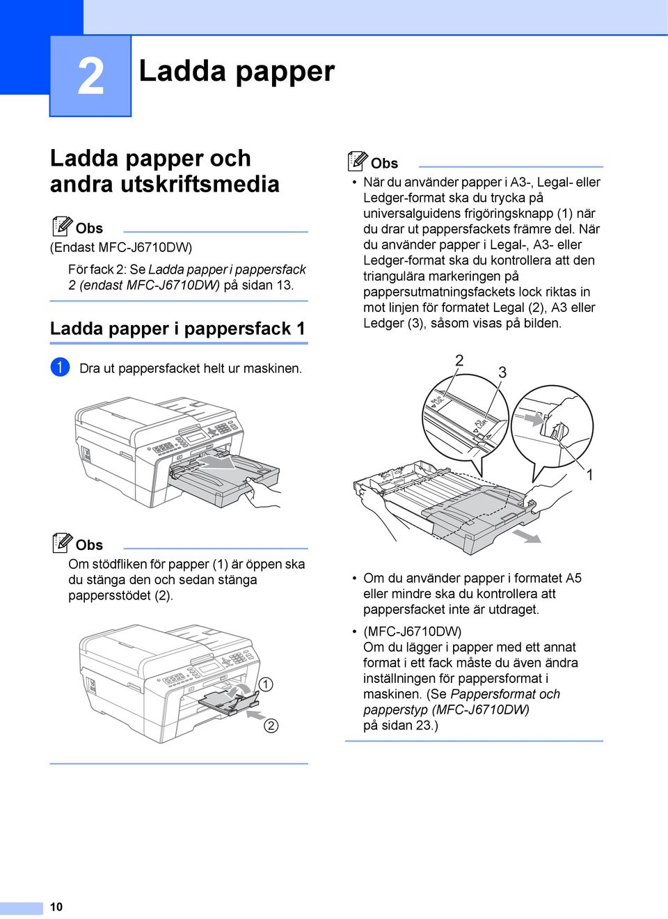 När du använder papper i Legal-, A3- eller Ledger-format ska du kontrollera att den triangulära markeringen på pappersutmatningsfackets lock riktas in mot linjen för formatet Legal (2), A3 eller