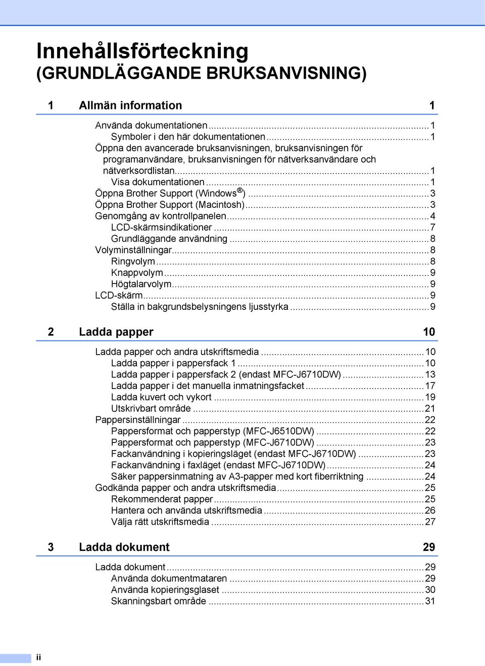 ..3 Öppna Brother Support (Macintosh)...3 Genomgång av kontrollpanelen...4 LCD-skärmsindikationer...7 Grundläggande användning...8 Volyminställningar...8 Ringvolym...8 Knappvolym...9 Högtalarvolym.