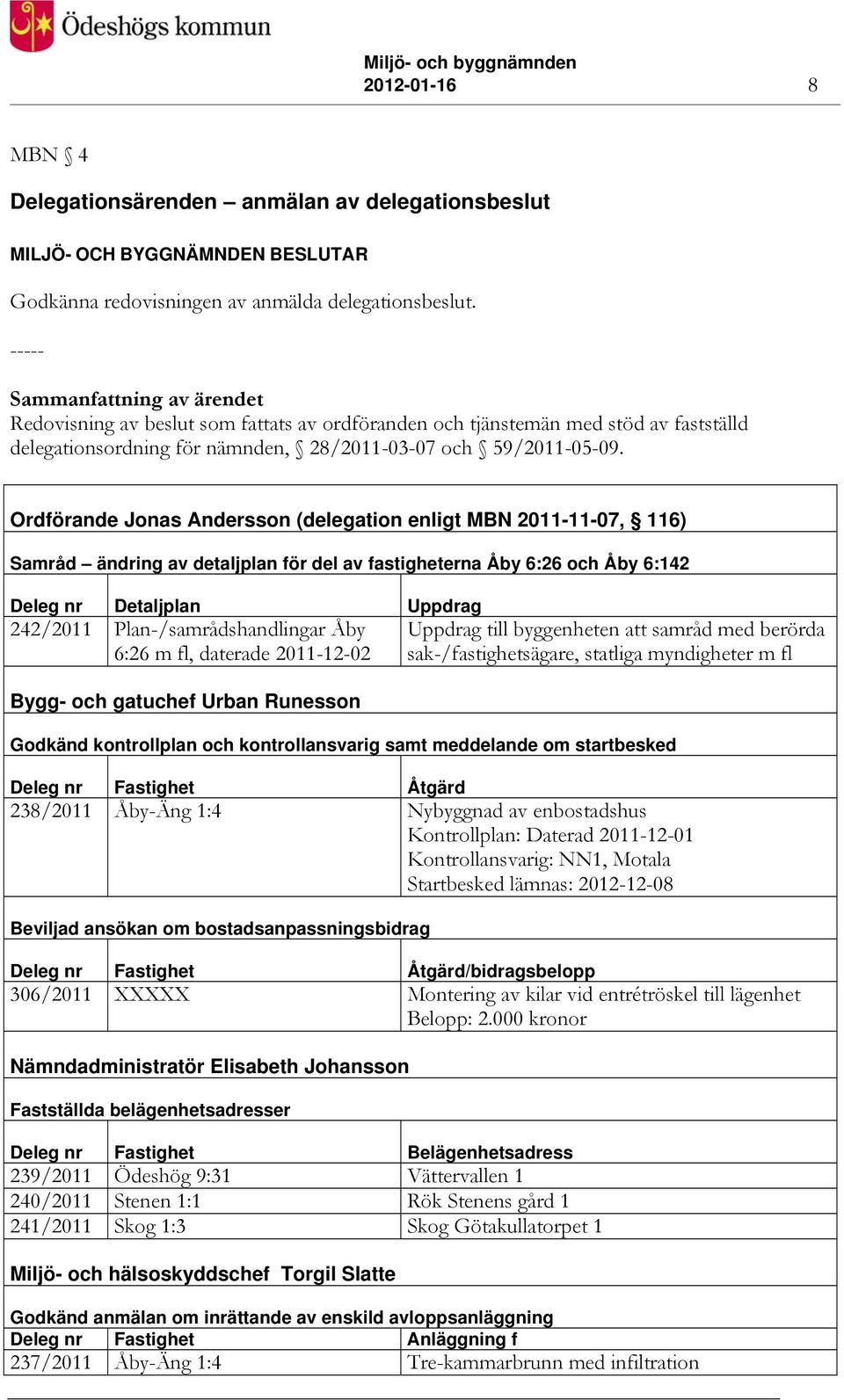 Ordförande Jonas Andersson (delegation enligt MBN 2011-11-07, 116) Samråd ändring av detaljplan för del av fastigheterna Åby 6:26 och Åby 6:142 Deleg nr Detaljplan Uppdrag 242/2011