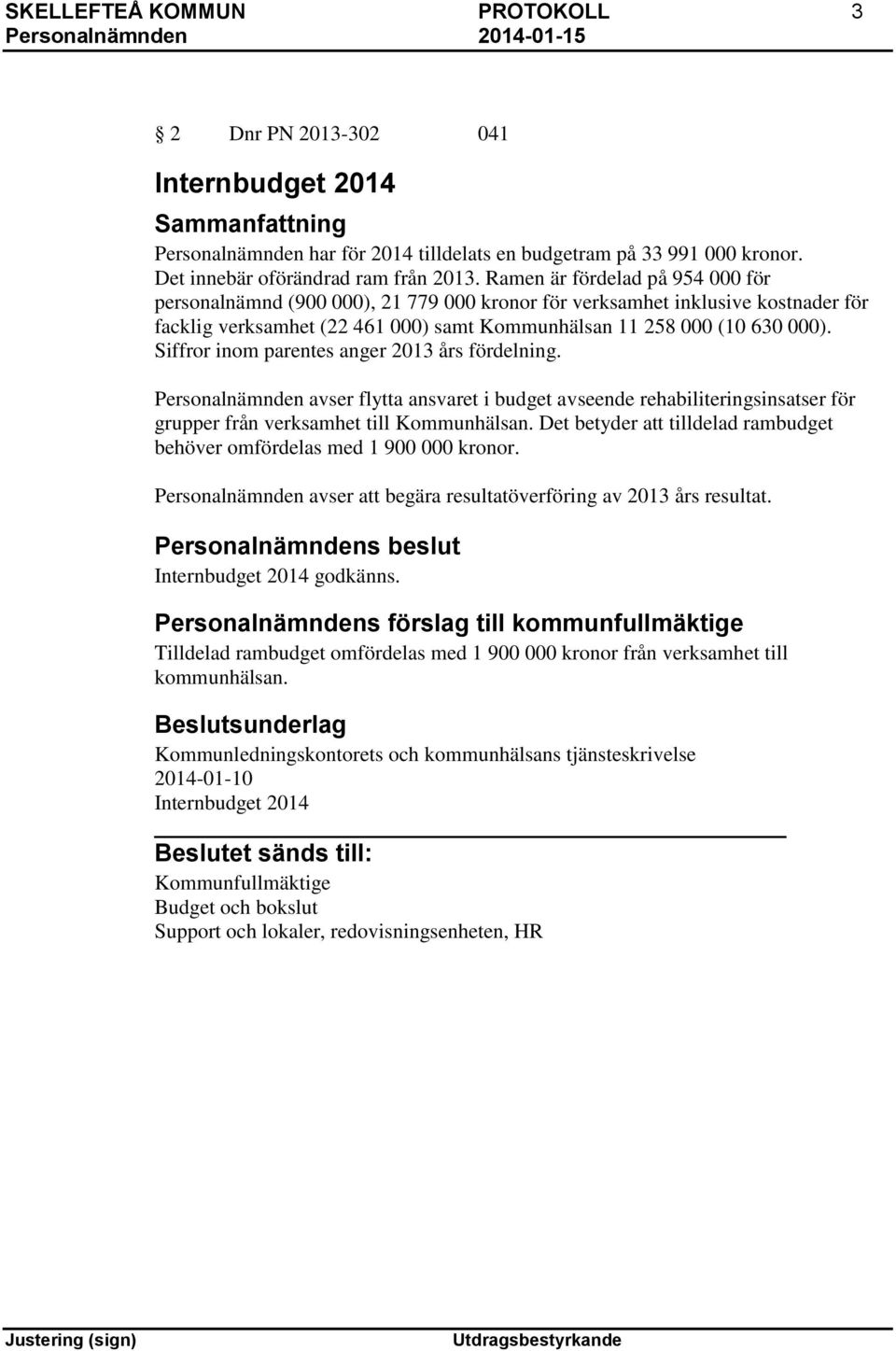 Siffror inom parentes anger 2013 års fördelning. Personalnämnden avser flytta ansvaret i budget avseende rehabiliteringsinsatser för grupper från verksamhet till Kommunhälsan.