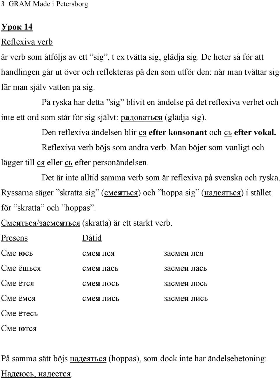 På ryska har detta sig blivit en ändelse på det reflexiva verbet och inte ett ord som står för sig självt: радоваться (glädja sig). Den reflexiva ändelsen blir ся efter konsonant och сь efter vokal.