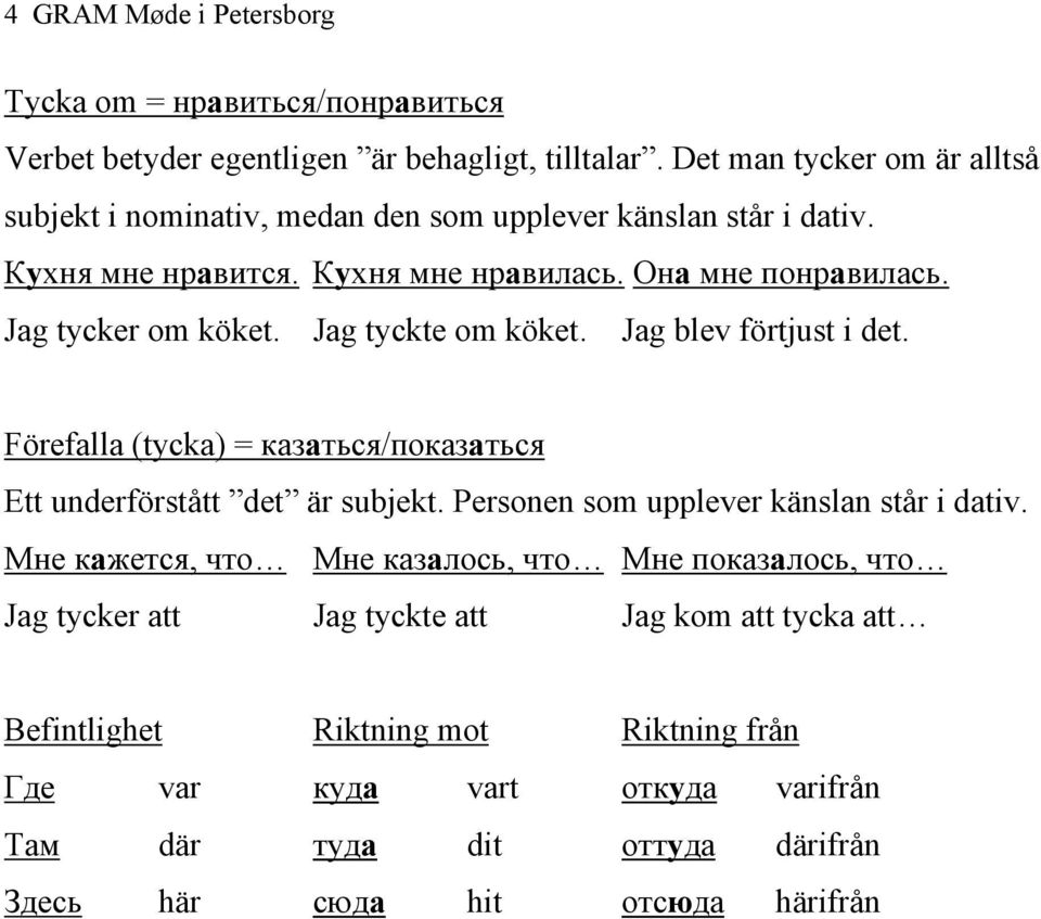 Jag tycker om köket. Jag tyckte om köket. Jag blev förtjust i det. Förefalla (tycka) = казаться/показаться Ett underförstått det är subjekt.