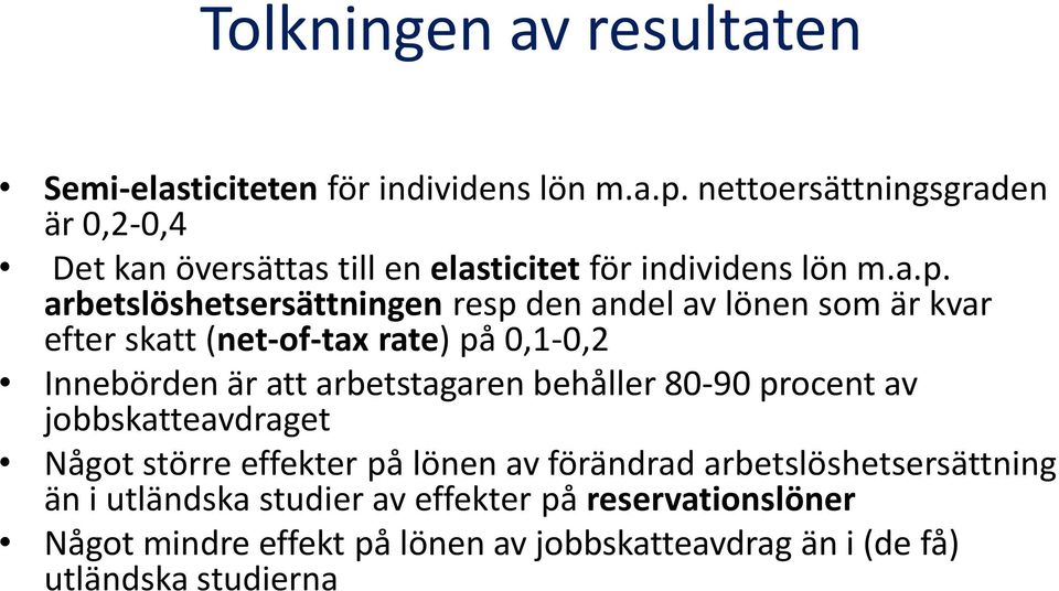 arbetslöshetsersättningen resp den andel av lönen som är kvar efter skatt (net-of-tax rate) på 0,1-0,2 Innebörden är att arbetstagaren