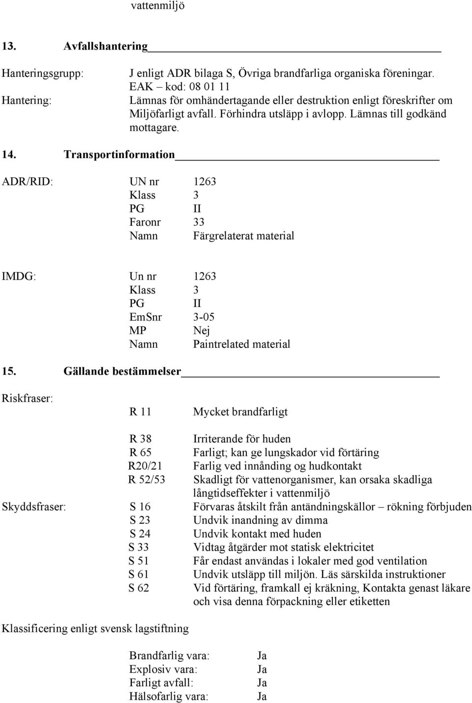 Transportinformation ADR/RID: UN nr 1263 Klass 3 PG II Faronr 33 Namn Färgrelaterat material IMDG: Un nr 1263 Klass 3 PG II EmSnr 3-05 MP Nej Namn Paintrelated material 15.