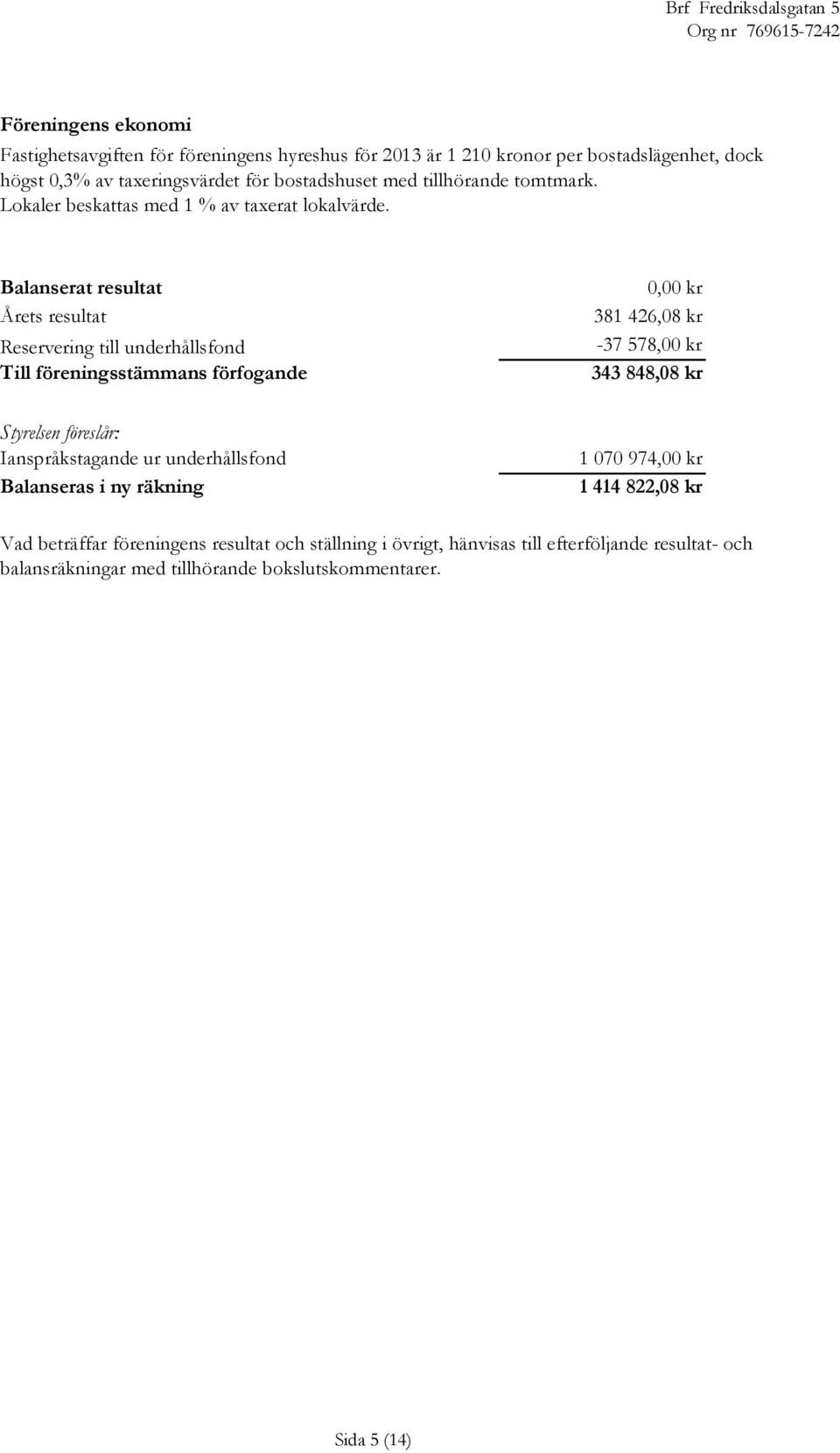 Balanserat resultat Årets resultat Reservering till underhållsfond Till föreningsstämmans förfogande 0,00 kr 381 426,08 kr -37 578,00 kr 343 848,08 kr Styrelsen