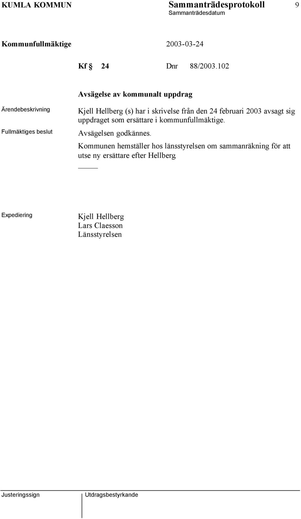 2003 avsagt sig uppdraget som ersättare i kommunfullmäktige. Avsägelsen godkännes.