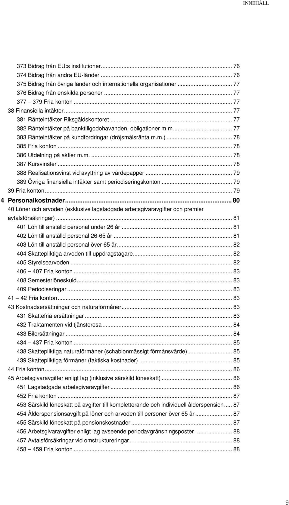 m.... 77 383 Ränteintäkter på kundfordringar (dröjsmålsränta m.m.)... 78 385 Fria konton... 78 386 Utdelning på aktier m.m.... 78 387 Kursvinster.