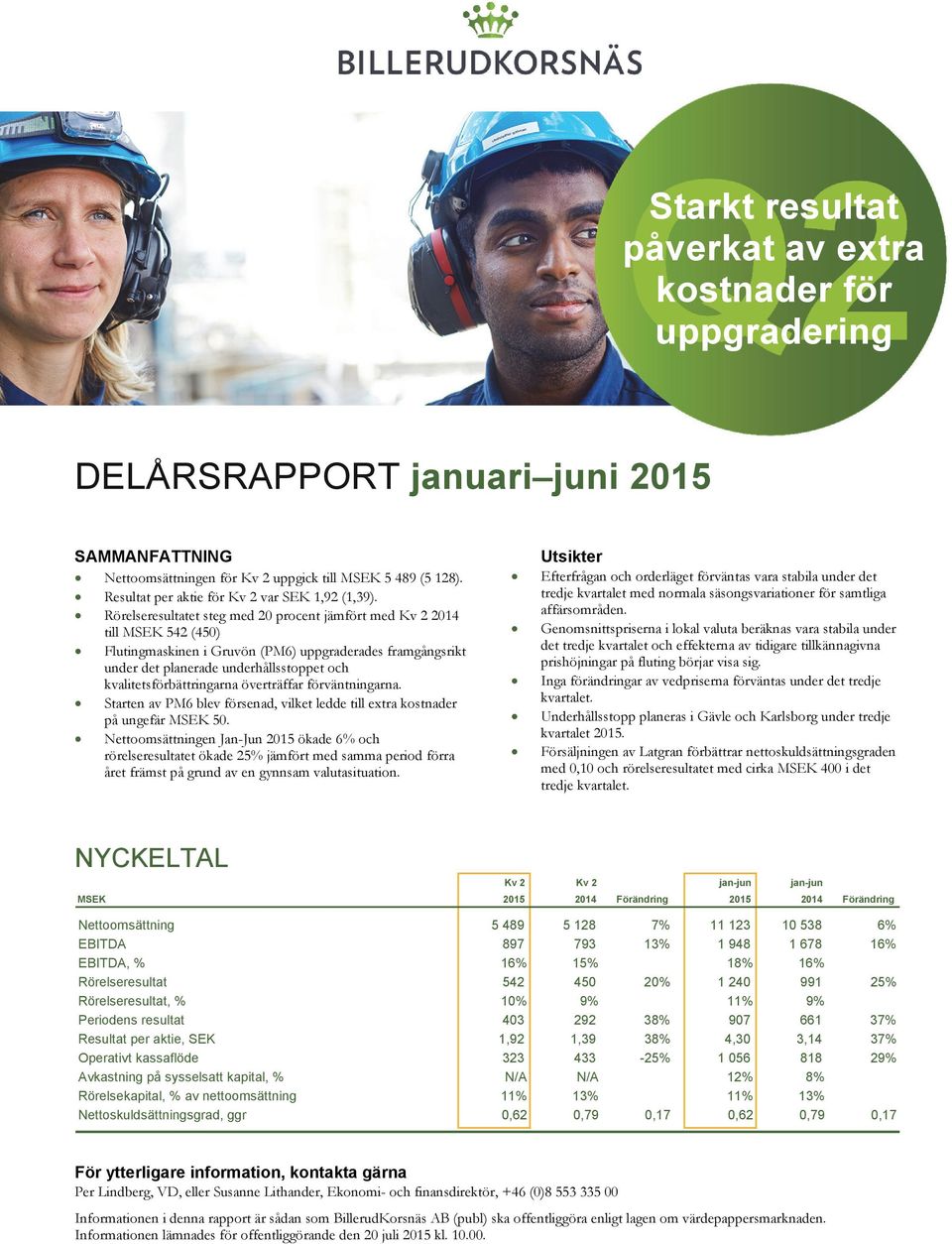 Rörelseresultatet steg med 20 procent jämfört med Kv 2 2014 till MSEK 542 (450) Flutingmaskinen i Gruvön (PM6) uppgraderades framgångsrikt under det planerade underhållsstoppet och