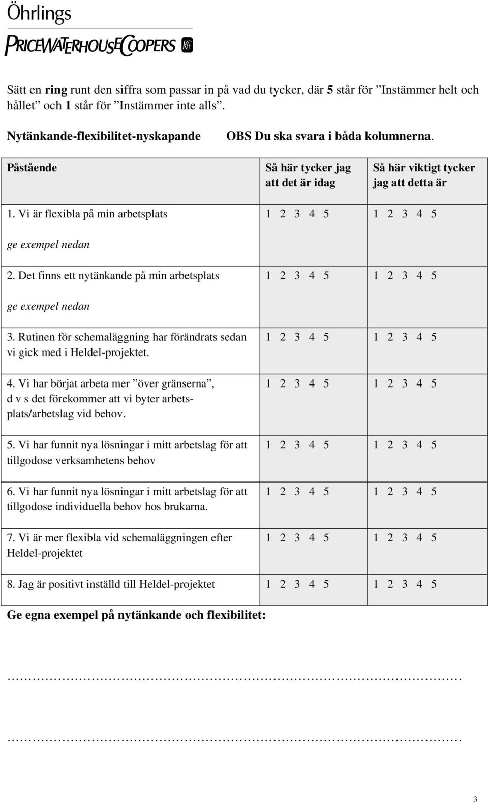 Vi är flexibla på min arbetsplats ge exempel nedan 2. Det finns ett nytänkande på min arbetsplats ge exempel nedan 3. Rutinen för schemaläggning har förändrats sedan vi gick med i Heldel-projektet. 4.