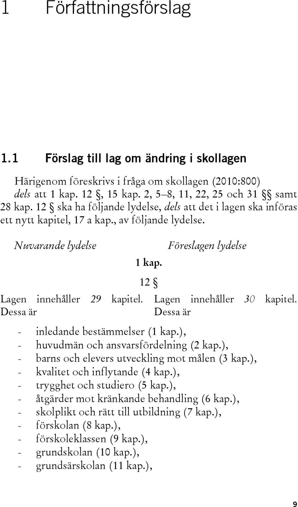 12 Föreslagen lydelse Lagen innehåller 30 kapitel. Dessa är - inledande bestämmelser (1 kap.), - huvudmän och ansvarsfördelning (2 kap.), - barns och elevers utveckling mot målen (3 kap.