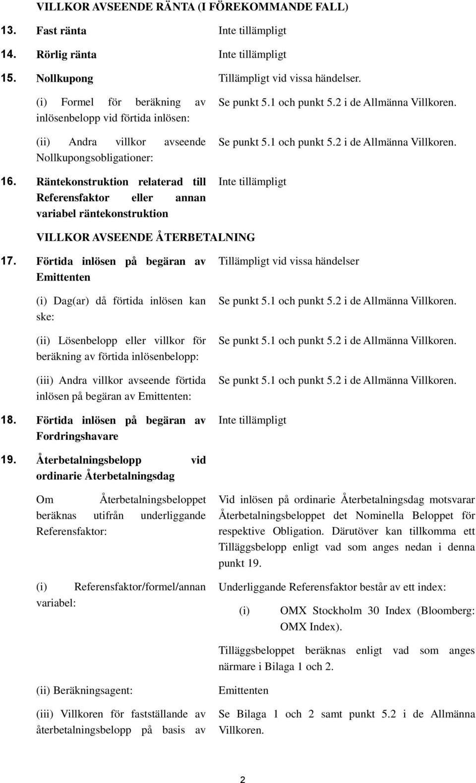 Räntekonstruktion relaterad till Referensfaktor eller annan variabel räntekonstruktion Se punkt 5.1 och punkt 5.2 i de Allmänna Villkoren. Se punkt 5.1 och punkt 5.2 i de Allmänna Villkoren. VILLKOR AVSEENDE ÅTERBETALNING 17.