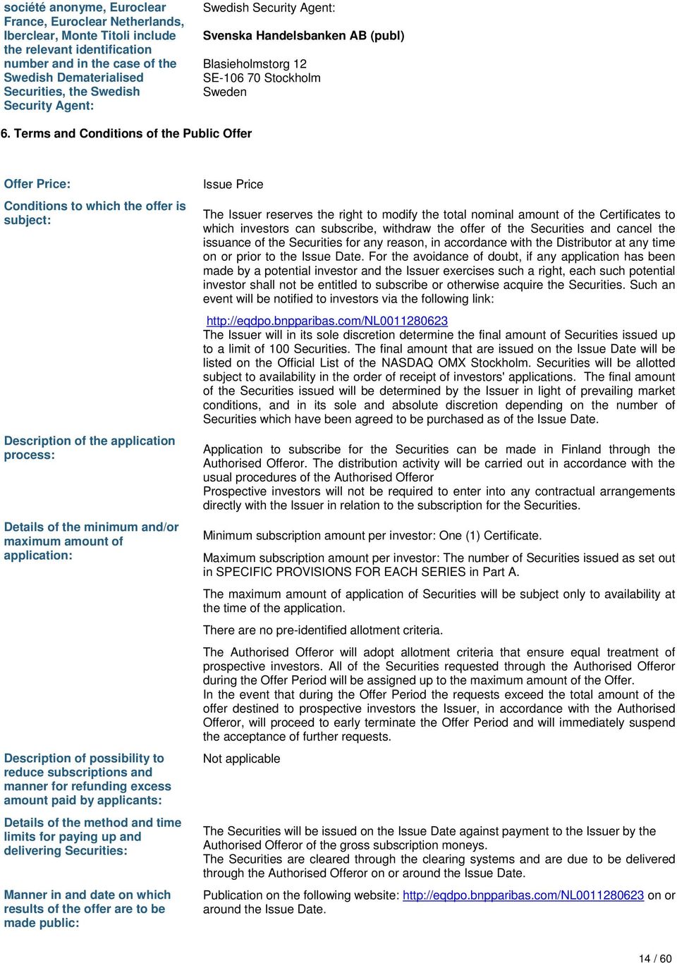 Terms and Conditions of the Public Offer Offer Price: Conditions to which the offer is subject: Description of the application process: Details of the minimum and/or maximum amount of application: