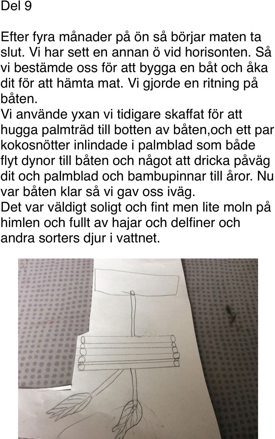 Vi använde yxan vi tidigare skaffat för att hugga palmträd till botten av båten,och ett par kokosnötter inlindade i palmblad som både flyt dynor