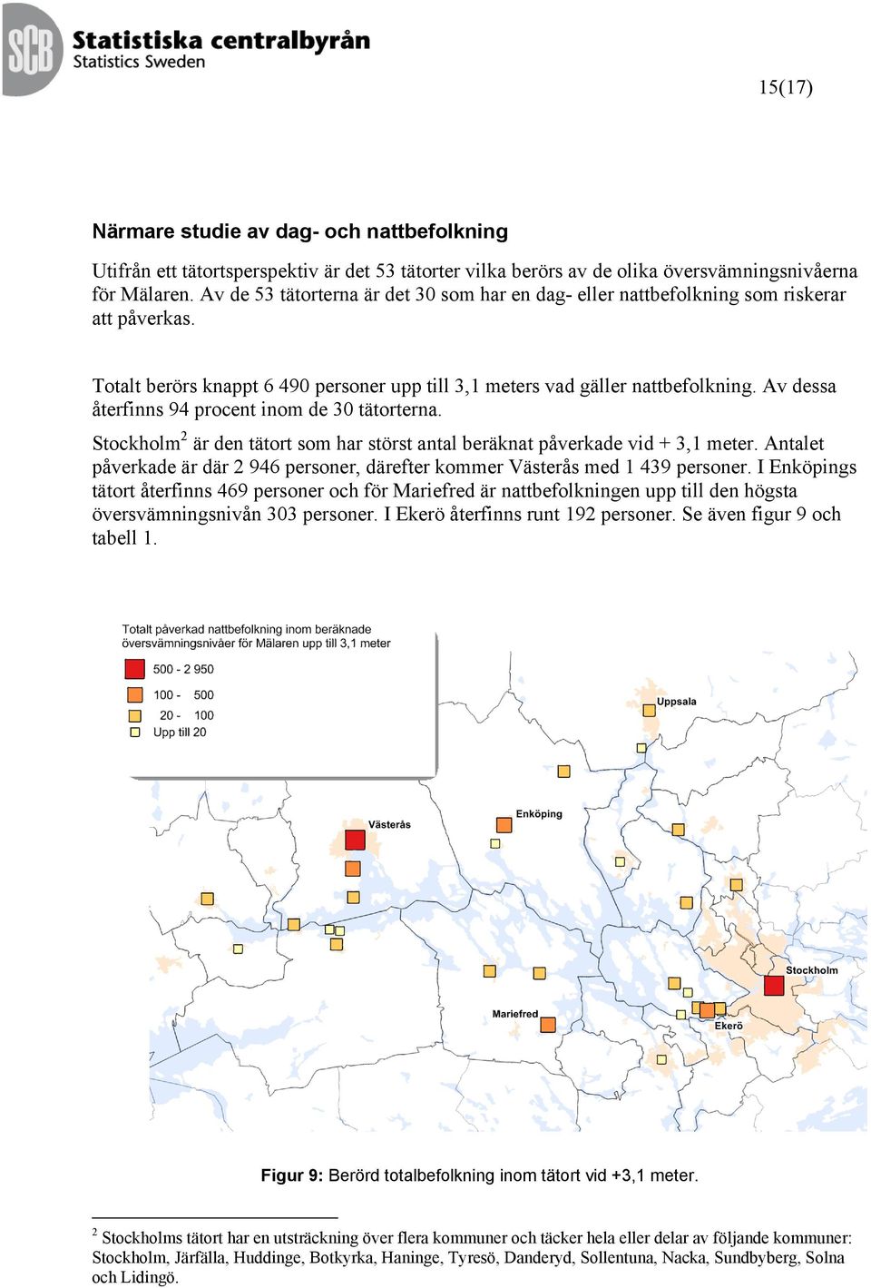 Av dessa återfinns 94 procent inom de 30 tätorterna. Stockholm 2 är den tätort som har störst antal beräknat påverkade vid + 3,1 meter.