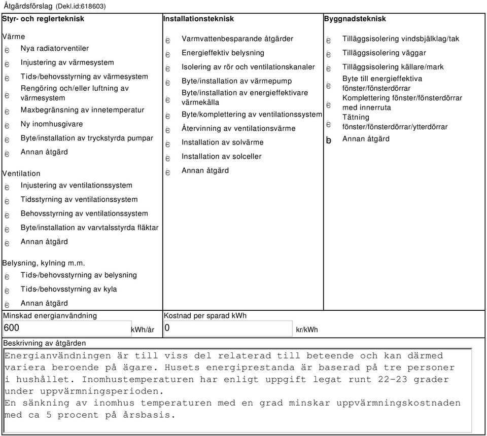 värmesystem Maxbegränsning av innetemperatur Ny inomhusgivare Byte/installation av tryckstyrda pumpar Ventilation Injustering av ventilationssystem Tidsstyrning av ventilationssystem Behovsstyrning