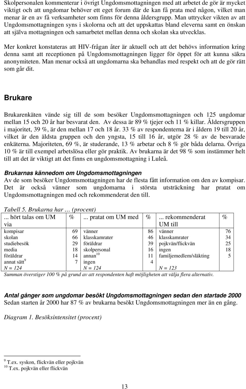 Man uttrycker vikten av att Ungdomsmottagningen syns i skolorna och att det uppskattas bland eleverna samt en önskan att själva mottagningen och samarbetet mellan denna och skolan ska utvecklas.