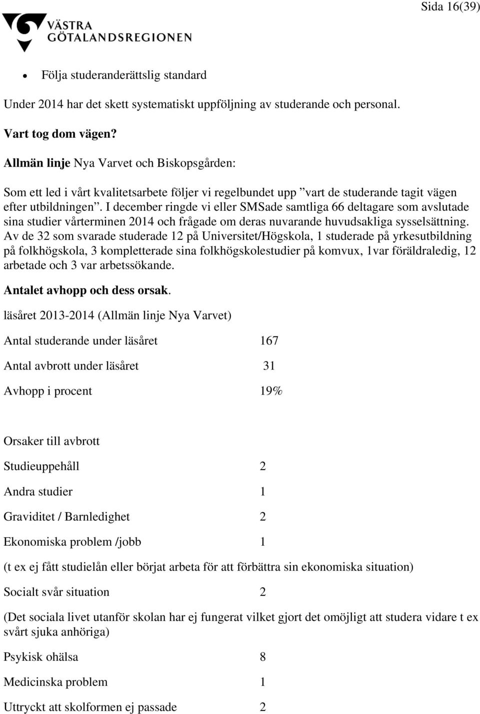 I december ringde vi eller SMSade samtliga 66 deltagare som avslutade sina studier vårterminen 2014 och frågade om deras nuvarande huvudsakliga sysselsättning.