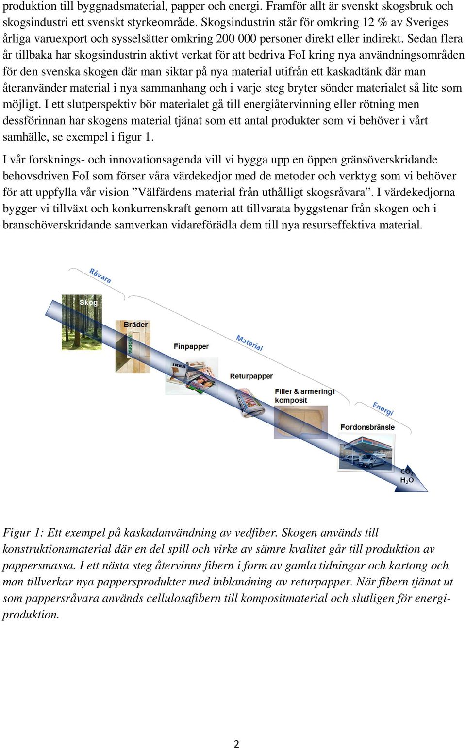 Sedan flera år tillbaka har skogsindustrin aktivt verkat för att bedriva FoI kring nya användningsområden för den svenska skogen där man siktar på nya material utifrån ett kaskadtänk där man