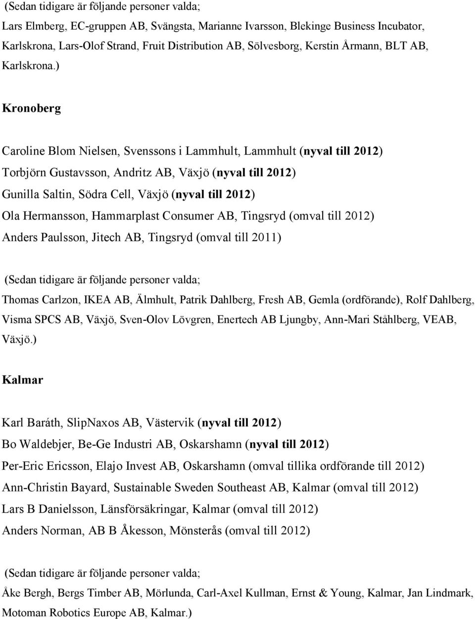 ) Kronoberg Caroline Blom Nielsen, Svenssons i Lammhult, Lammhult (nyval till 2012) Torbjörn Gustavsson, Andritz AB, Växjö (nyval till 2012) Gunilla Saltin, Södra Cell, Växjö (nyval till 2012) Ola