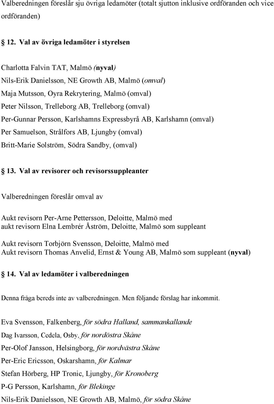 Trelleborg (omval) Per-Gunnar Persson, Karlshamns Expressbyrå AB, Karlshamn (omval) Per Samuelson, Strålfors AB, Ljungby (omval) Britt-Marie Solström, Södra Sandby, (omval) 13.
