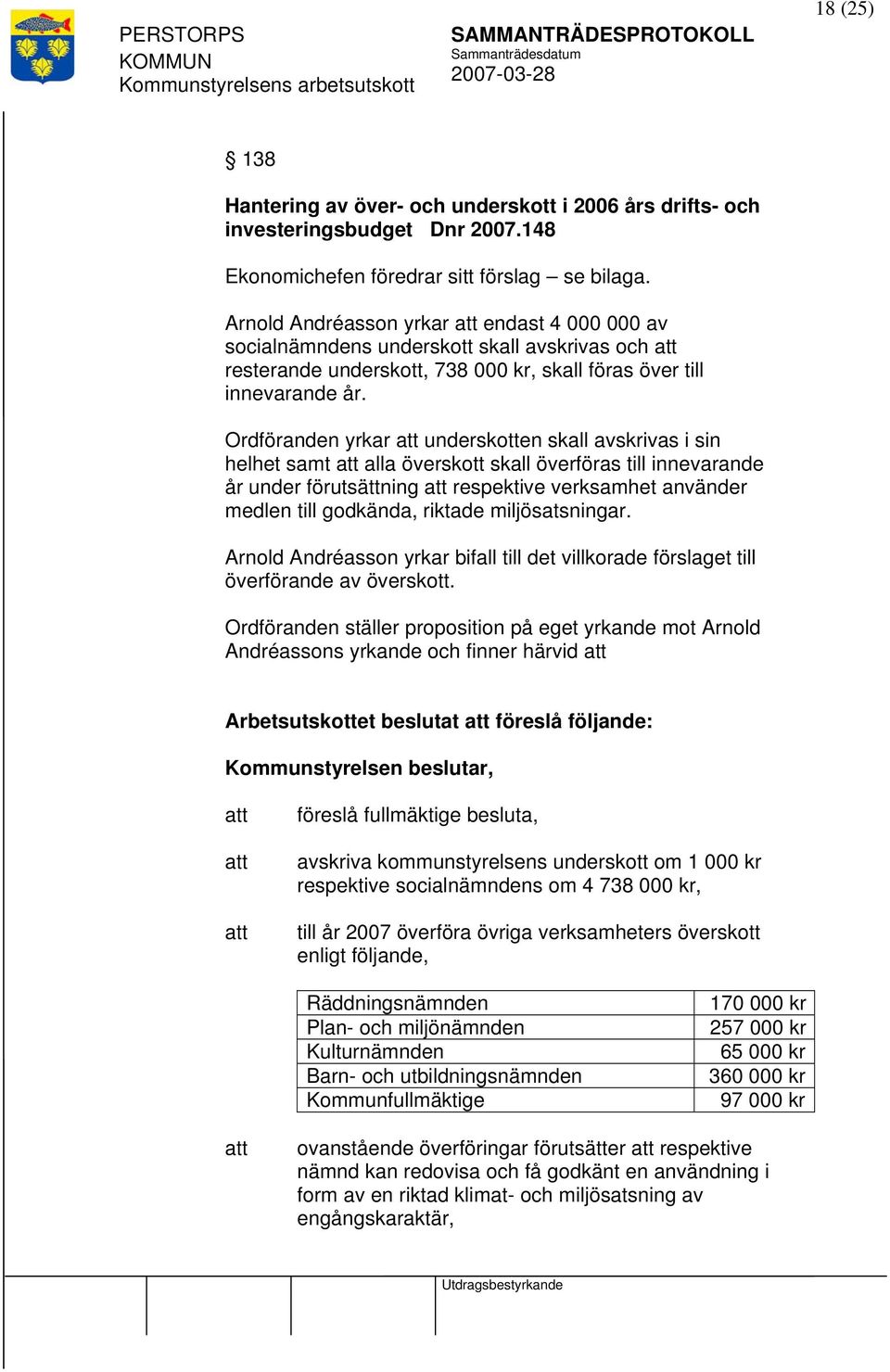 Ordföranden yrkar underskotten skall avskrivas i sin helhet samt alla överskott skall överföras till innevarande år under förutsättning respektive verksamhet använder medlen till godkända, riktade