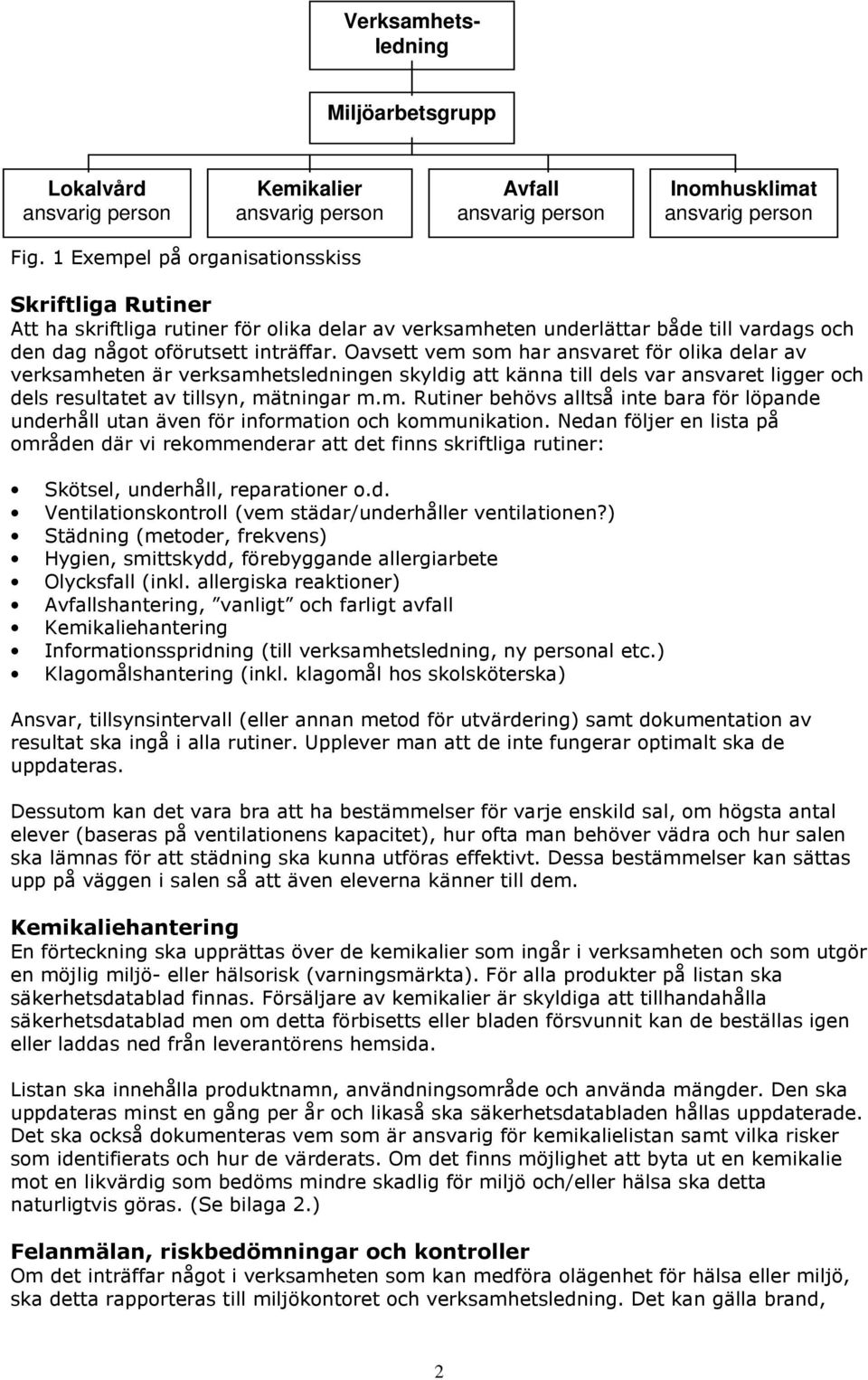 Oavsett vem som har ansvaret för olika delar av verksamheten är verksamhetsledningen skyldig att känna till dels var ansvaret ligger och dels resultatet av tillsyn, mätningar m.m. Rutiner behövs alltså inte bara för löpande underhåll utan även för information och kommunikation.