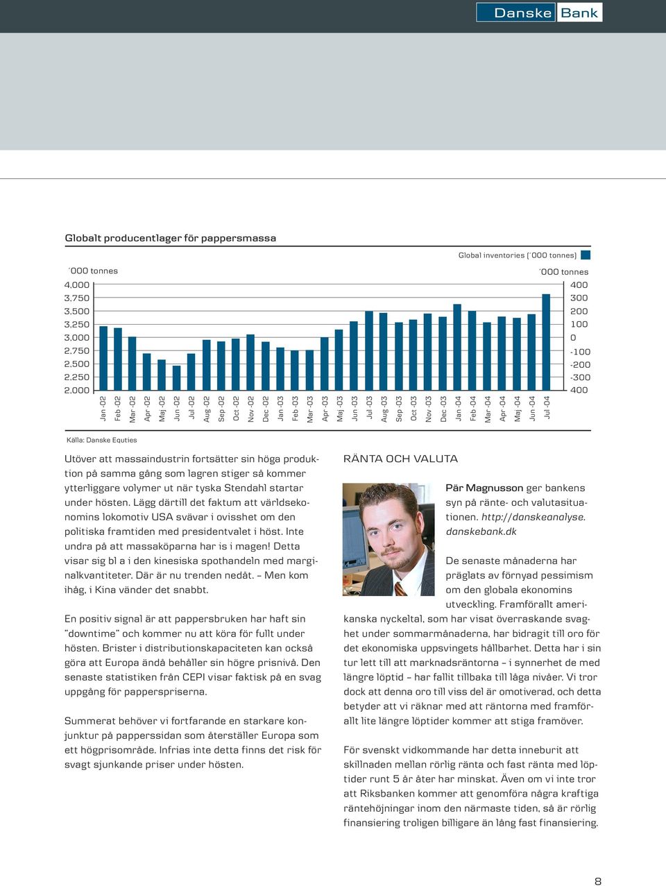 Apr -04 Maj -04 Jun -04 Jul -04 Källa: Danske Equties Utöver att massaindustrin fortsätter sin höga produktion på samma gång som lagren stiger så kommer ytterliggare volymer ut när tyska Stendahl