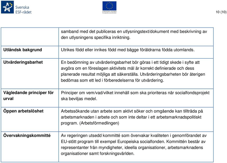 En bedömning av utvärderingsbarhet bör göras i ett tidigt skede i syfte att avgöra om en föreslagen aktivitets mål är korrekt definierade och dess planerade resultat möjliga att säkerställa.