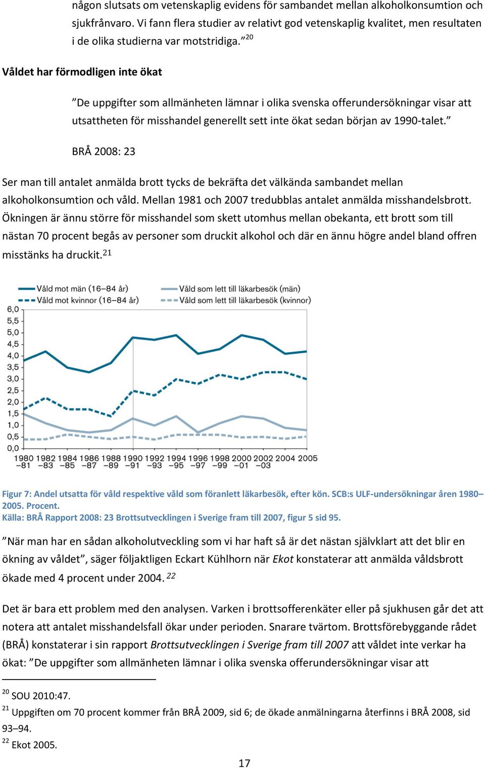 20 Våldet har förmodligen inte ökat De uppgifter som allmänheten lämnar i olika svenska offerundersökningar visar att utsattheten för misshandel generellt sett inte ökat sedan början av 1990-talet.