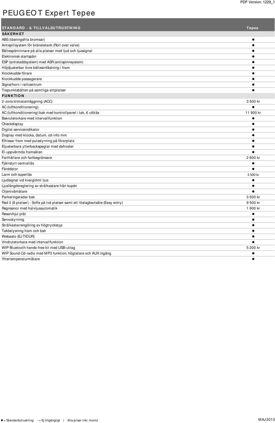 samtliga sittplatser FUNKTION 2-zons klimatanläggning (ACC) AC (luftkonditionering) AC (luftkonditionering) bak med kontrollpanel i tak, 6 utblås Bakrutetorkare med intervallfunktion Checkdisplay