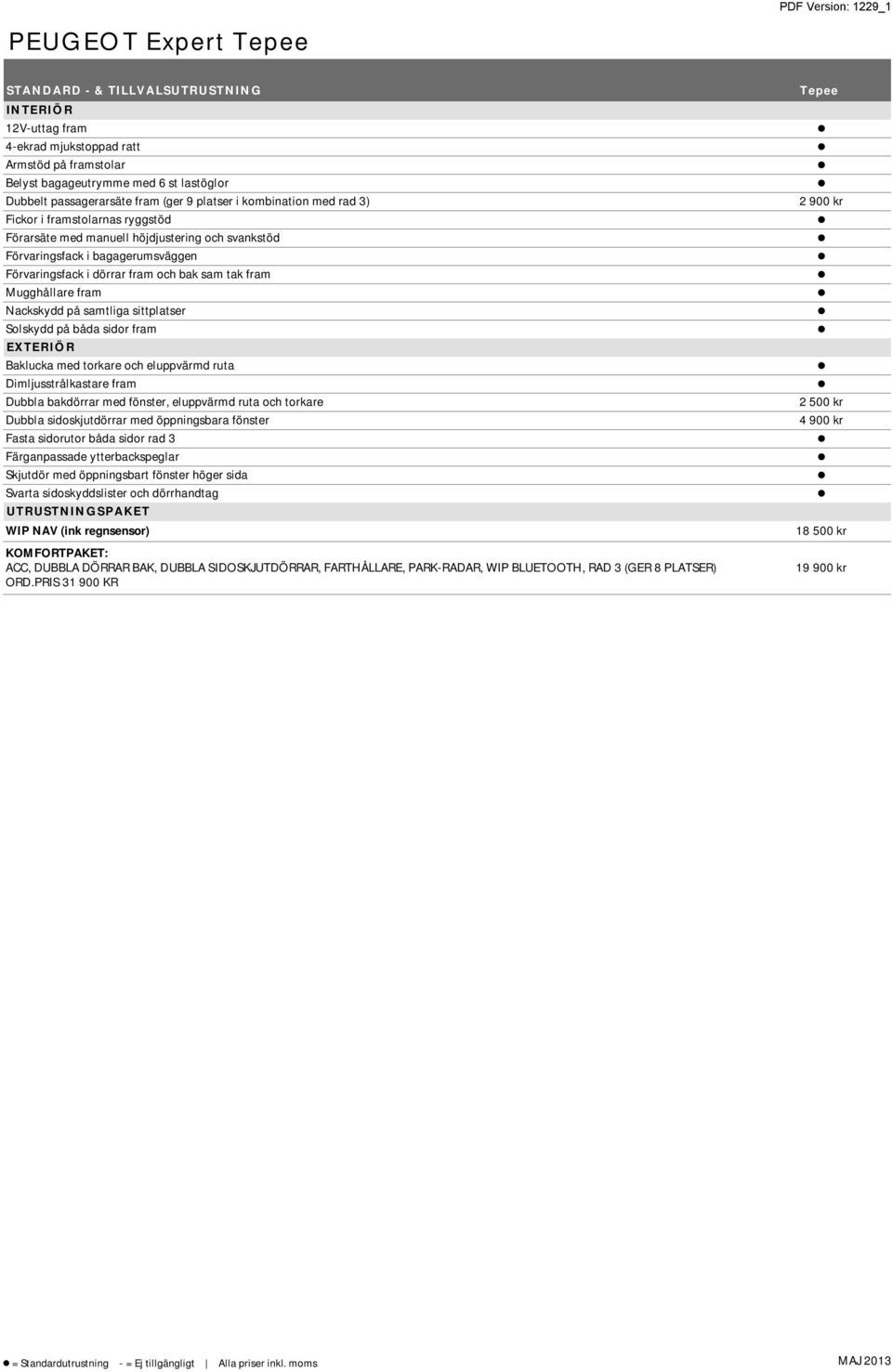 Mugghållare fram Nackskydd på samtliga sittplatser Solskydd på båda sidor fram EXTERIÖR Baklucka med torkare och eluppvärmd ruta Dimljusstrålkastare fram Dubbla bakdörrar med fönster, eluppvärmd ruta