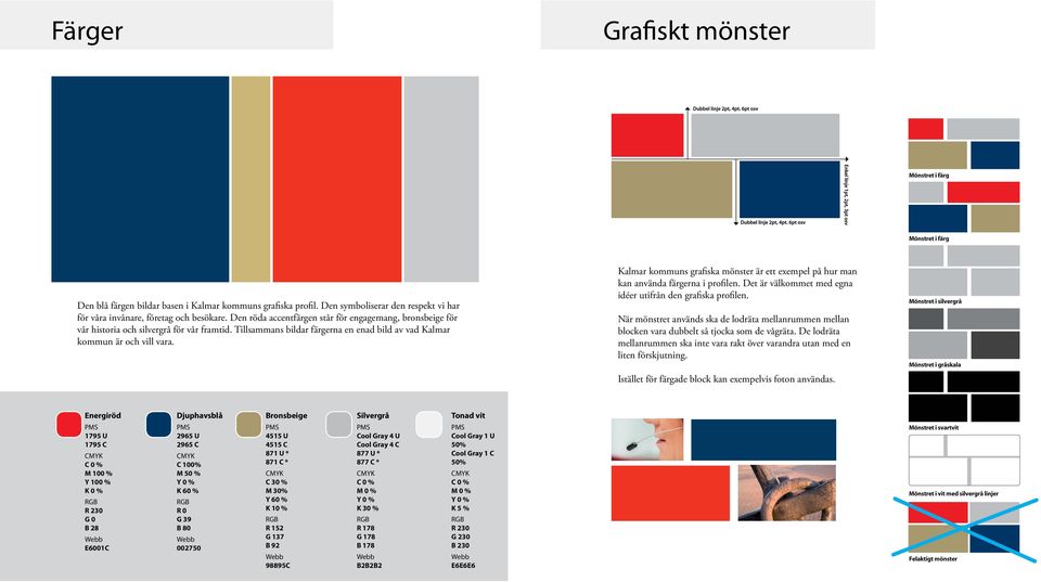Kalmar kommuns grafiska mönster är ett exempel på hur man kan använda färgerna i profilen. Det är välkommet med egna idéer utifrån den grafiska profilen.