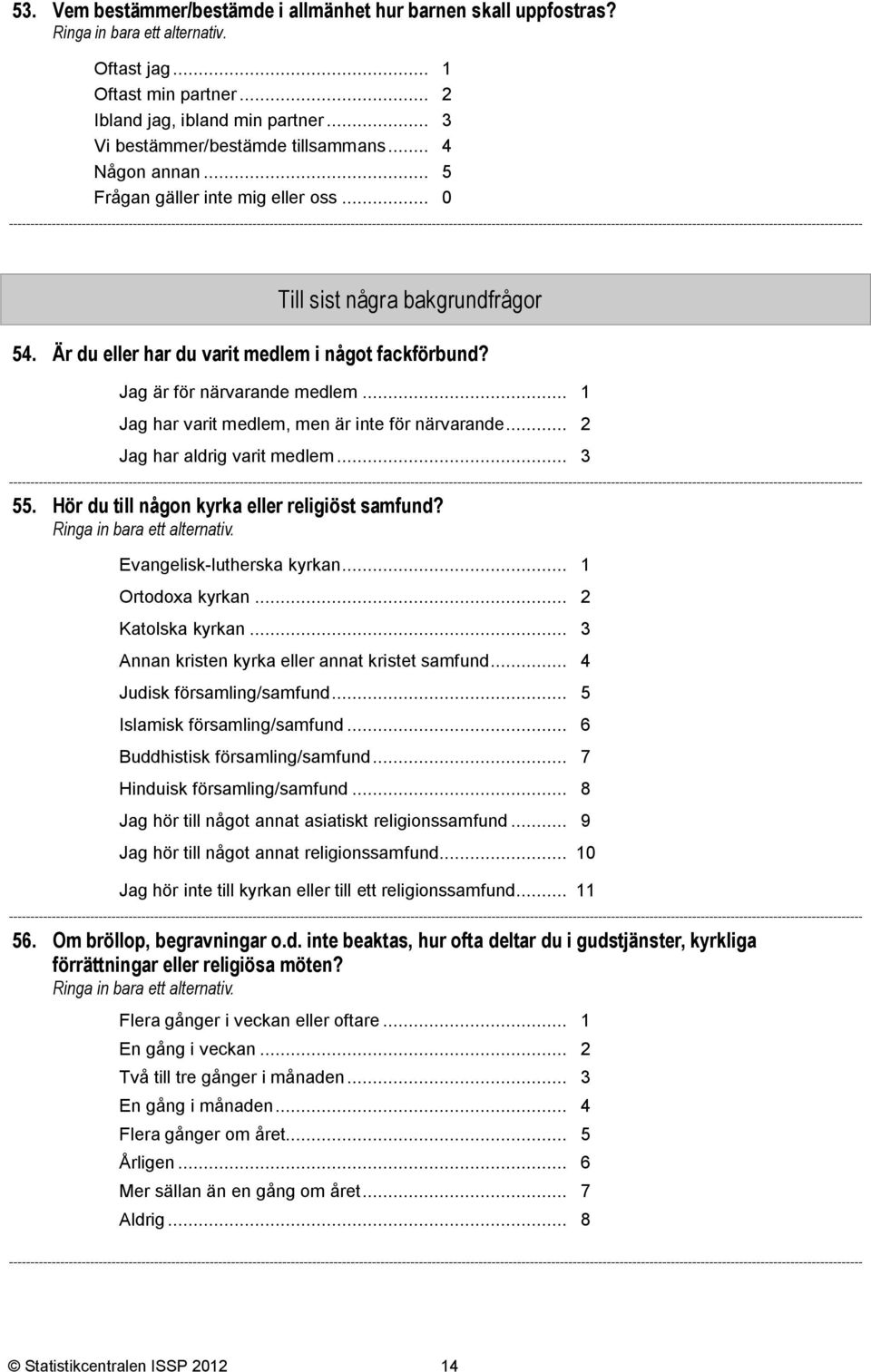 .. Jag har varit medlem, men är inte för närvarande... 2 Jag har aldrig varit medlem... 3 55. Hör du till någon kyrka eller religiöst samfund? Evangelisk-lutherska kyrkan... Ortodoxa kyrkan.