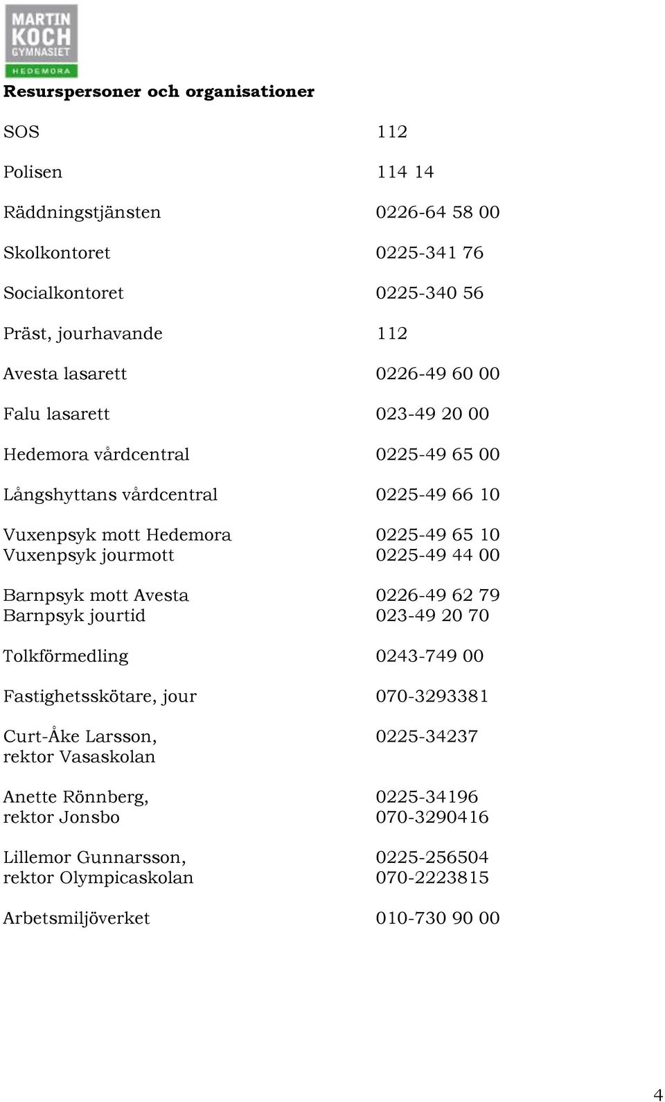 jourmott 0225-49 44 00 Barnpsyk mott Avesta 0226-49 62 79 Barnpsyk jourtid 023-49 20 70 Tolkförmedling 0243-749 00 Fastighetsskötare, jour 070-3293381 Curt-Åke Larsson,