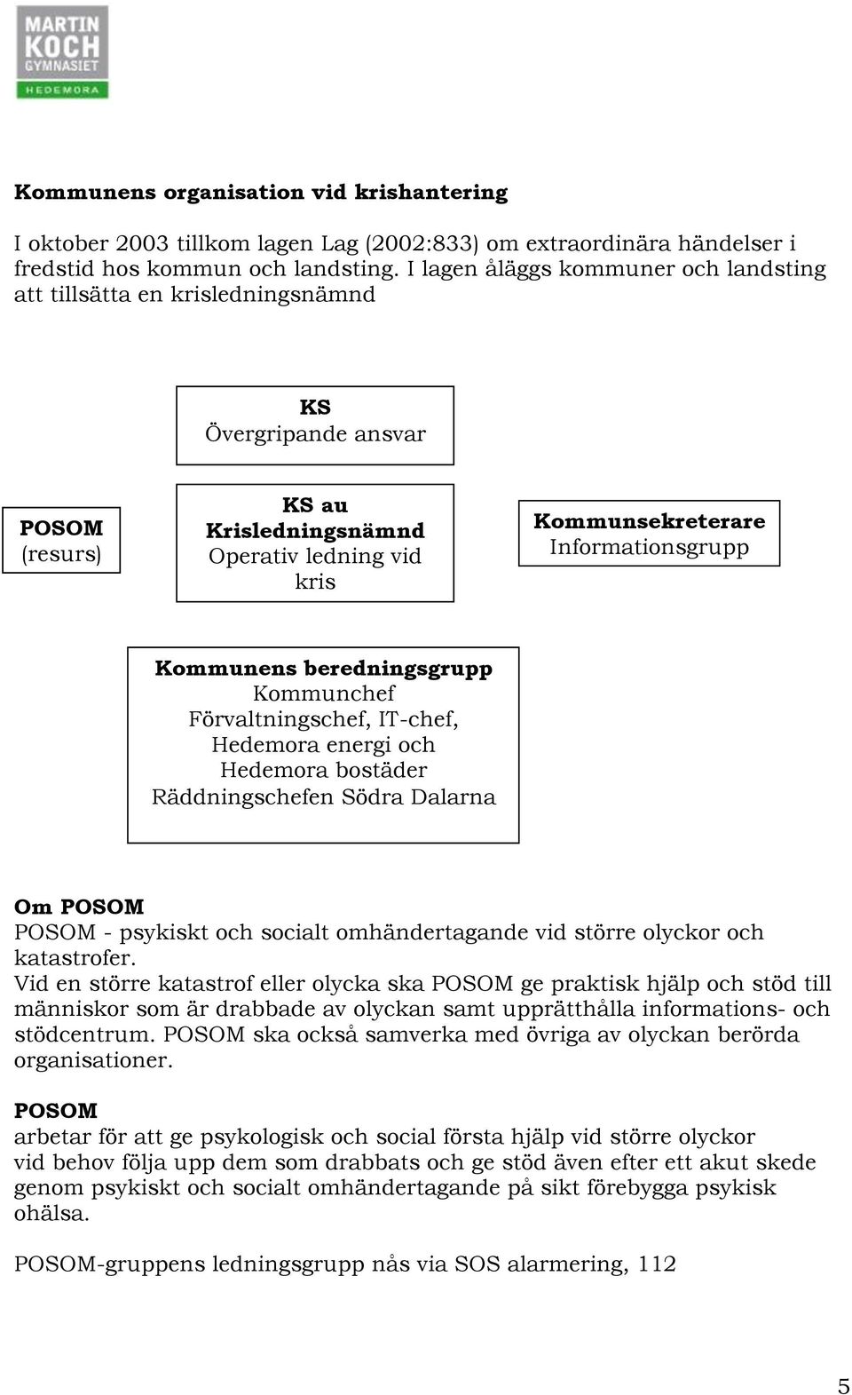 Kommunens beredningsgrupp Kommunchef Förvaltningschef, IT-chef, Hedemora energi och Hedemora bostäder Räddningschefen Södra Dalarna Om POSOM POSOM - psykiskt och socialt omhändertagande vid större