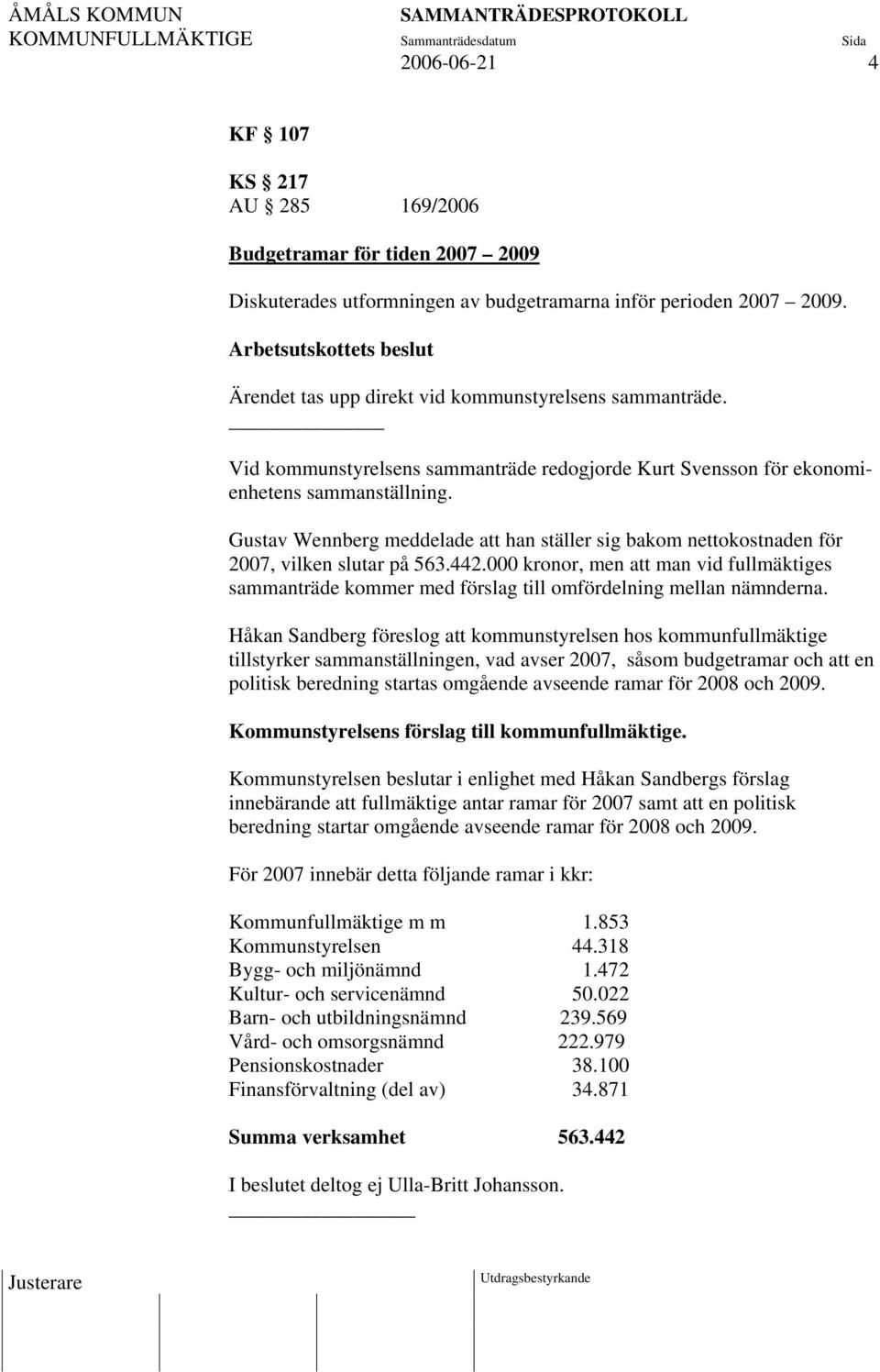 Gustav Wennberg meddelade att han ställer sig bakom nettokostnaden för 2007, vilken slutar på 563.442.