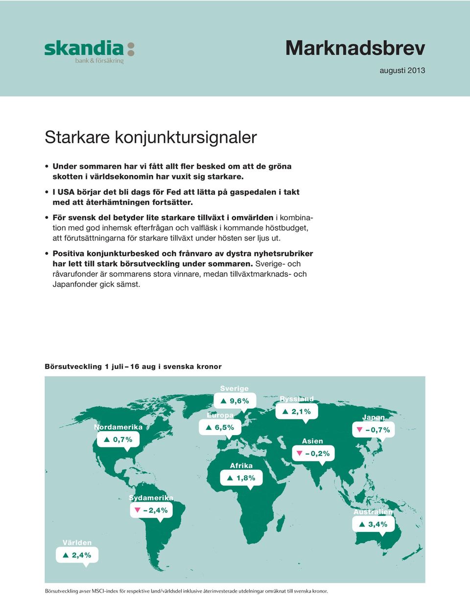 För svensk del betyder lite starkare tillväxt i omvärlden i kombination med god inhemsk efterfrågan och valfläsk i kommande höstbudget, att förutsättningarna för starkare tillväxt under hösten ser