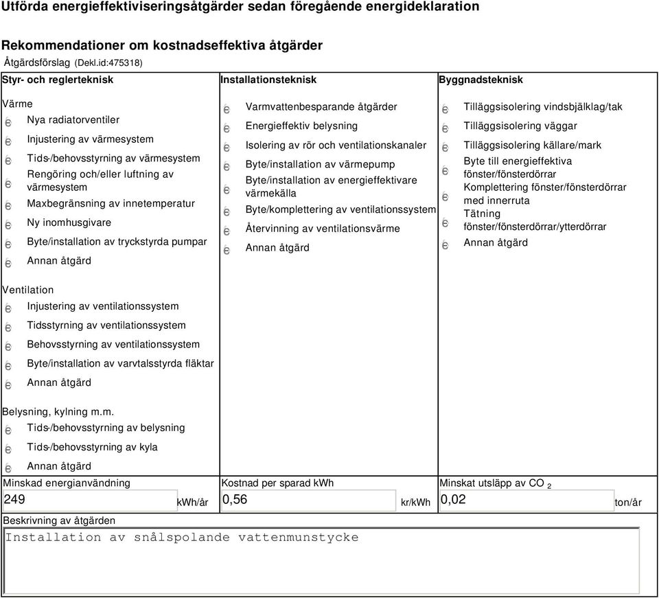 värmesystem Maxbegränsning av innetemperatur Ny inomhusgivare Byte/installation av tryckstyrda pumpar Varmvattenbesparande åtgärder Energieffektiv belysning Isolering av rör och ventilationskanaler