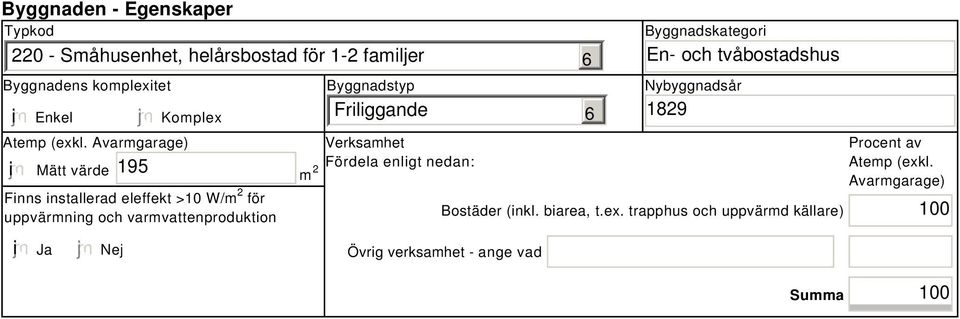 Avarmgarage) i Mätt värde 195 m 2 Finns installerad eleffekt >10 W/m 2 för uppvärmning och varmvattenproduktion Byggnadstyp